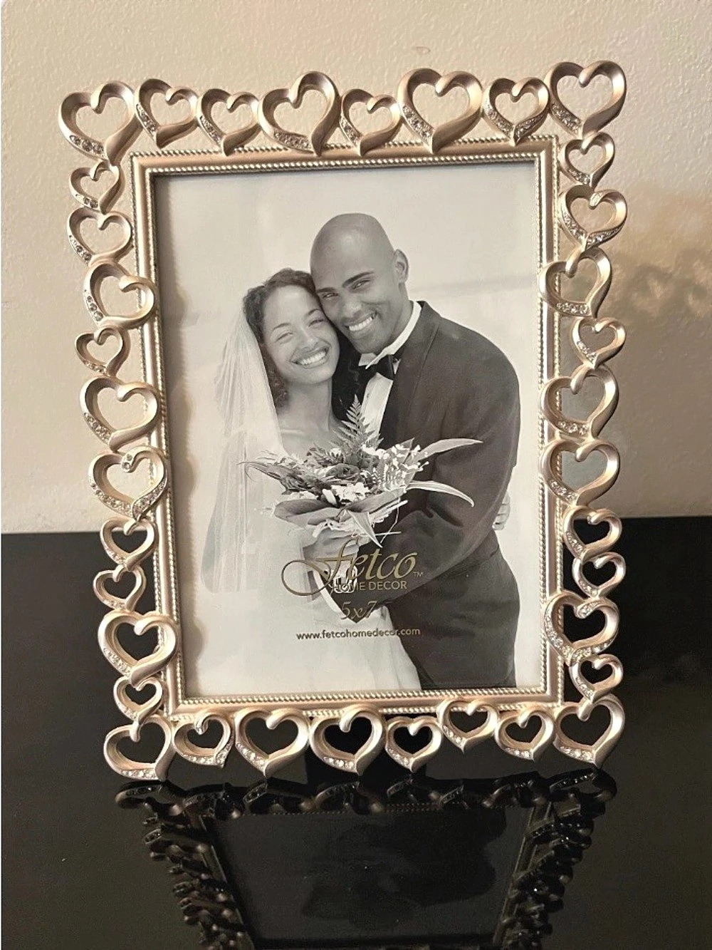 Vintage Fetco Silver-Tone Metal Picture Frame Open Hearts & Crystals 5x7 Photo